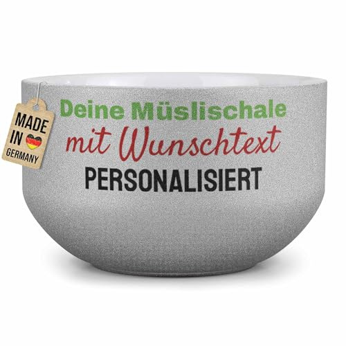 Print Royal PR Glitzer Müslischale mit Name oder Text selbst gestalten - Personalisierte Schüssel bedrucken - Individuelle Fotogeschenke zum Geburtstag, Weihnachten - Keramik, Silber 500 ml