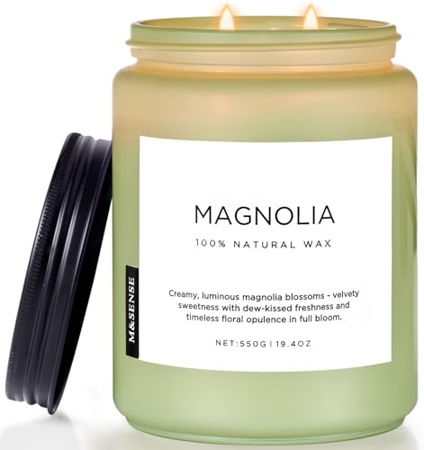 M&SENSE Bougie Parfumées Magnolia Élégante, bougie florale 550g 110h, 2 mèches cadeau femme - bougies décoratives parfumées pour salle à manger/salon | Grand parfum frais romantique et durable pour se détendre et soulager le stress, 2 mèches, parfum d'intérieur pour spa