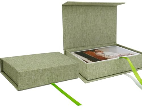 Vienrose Photo Storage Box 4x6, Fotoaufbewahrungsbox 10x15 cm, Foto Organizer aus Leinen, Aufbewahrungs- und Erinnerungsbox für Fotos, Bilder, Postkarten, Geschenkbox für Andenken, Keepsakes Grasgrün