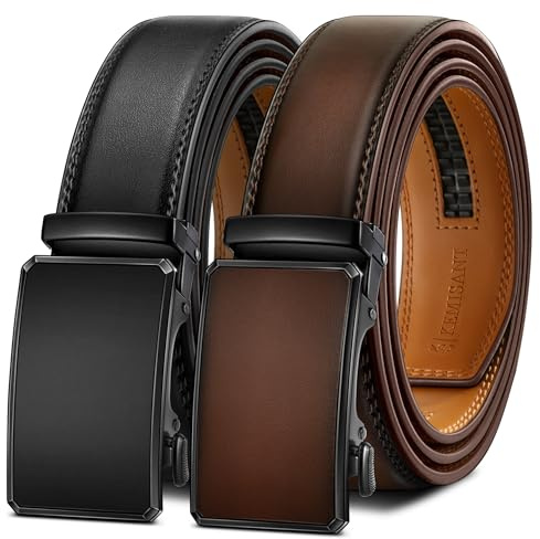 KEMISANT Gürtel Herren 2er Pack, Leder-Ratsche-Gürtel mit Einfachem Klick-Schiebesystem,3,5cm (1 3/8″),Individuell Anpassbar(Schwarz/Tiefbraun,115cm/32-38 taille verstellbar)