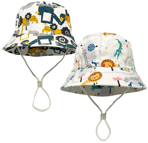 SAIIURV 2 Stück Sonnenhut Baby Kinder Sommerhut Jungen Mädchen Eimerhut Fischerhut Kind Baby Strandhut Cartoon Bagger Löwe Sommermütze mit Kinnriemen 2-4 Jahre (52CM)