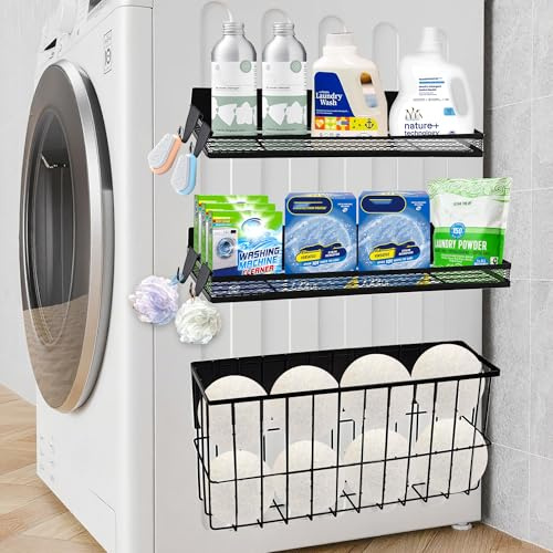 LeoTube 3 Pack Magnetic Shelves and Dryer Ball Holder with 4 Removable Hooks for Washing Machine, Versatile Storage Organizers for Laundry Room Organization, Magnetic Spice Racks for Refrigerator