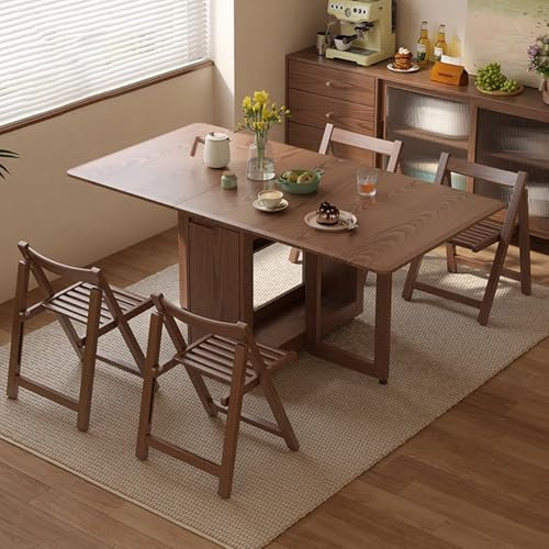 Table de salle à manger extensible en bois massif avec rangement et table de cuisine pliable pour 26 personnes avec 4 chaises Finition noyer 140 cm