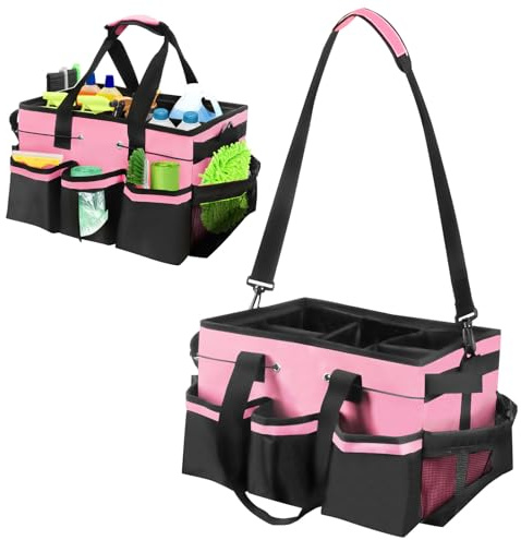 Gachiwar Cleaning Caddy Bag, Cleaning Caddy Organiser with Handle Worker Bag for Cleaning Supplies, Home, Car, Garden (pink)