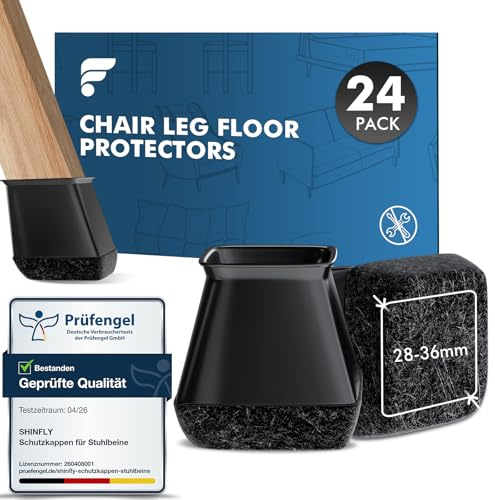 shinfly Stuhlbeinkappen Eckig, 24 Stück stuhlbeinschoner Silikon, Schutzkappen für Stuhlbeine, Filzgleiter für Stühle & Bodenschutz, Schräge Stuhlbeine, Geräuscharm【Schwarz Fit:28-36mm】