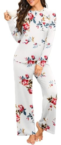 PrinStory Pigiama da donna a maniche lunghe Henley Pjs pigiameria a gamba larga pantaloni da notte con tasche