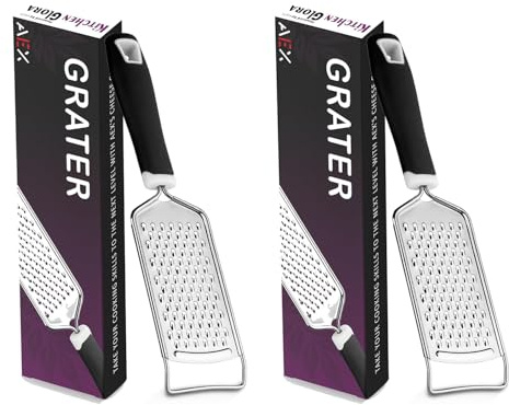 AEX Kitchen Cheese Grater & Lemon Zester | Premium Stainless Steel Handheld Grater with Non-Slip Handle (Pack of 2)