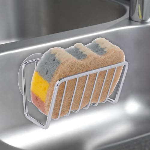 Bomiclss Sponge Holder for Kitchen Sink with 2 Suction Cups, Kitchen Sink Caddy for Sponge Brush Dishcloth (Silver)