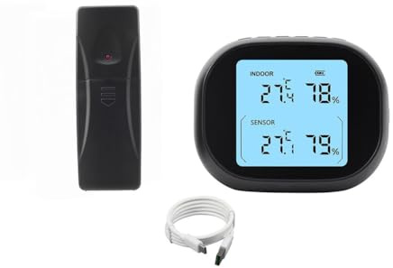 Violiica Termometro e igrometro wireless ricaricabile con ricarica USB, batteria da 2000 mAh, alloggiamento in ABS, monitor multi-sensore per umidità della temperatura interna ed esterna, funzione di