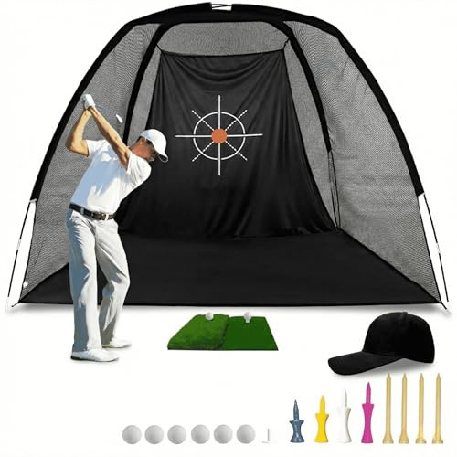 Kapler Golfnetz für Zuhause: 2,4x1,5x1,8m Golf Übungsnetz - Schlagnetz Set inkl. Matte Bälle für Indoor Outdoor Garten - Robustes Trainingsnetz für Full Swing Chipping