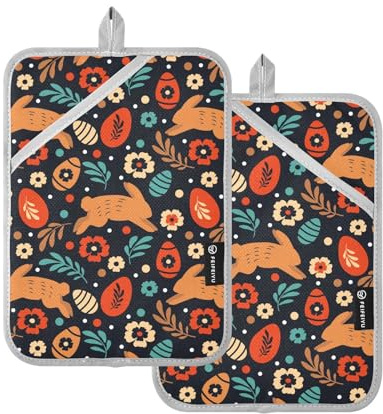 OWFKAY Set di 2 presine pasquali arancioni con fiori di coniglio, utensili da cucina, resistenti al calore, 170 °C, spessi e sicuri, 18 x 25 cm