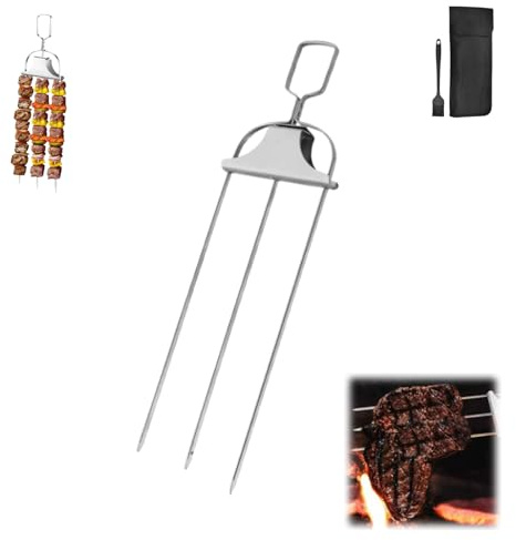 Spiedini per barbecue a 3 vie, spiedini a 3 vie per grigliare, spiedini da barbecue in acciaio inox con meccanismo scorrevole, spiedi in metallo riutilizzabili per carne, pollo, salsicce (1 pezzo)