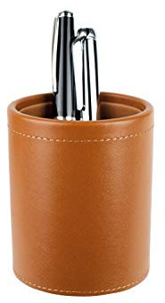 DELMON VARONE - Stifteköcher aus Premium Boxcalf Leder braun, Echtleder Stiftebecher mit PU Innenverkleidung und rutschfester Vliesunterseite, Eleganter Stiftehalter rund für Schreibtisch und Büro
