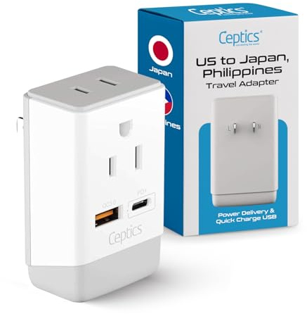 Ceptics Japan, Philippines Power Travel Plug Adapter, QC 3.0 & PD, Safe Dual USB & USB-C - 2 USA Socket Compact & Powerful - USA 3 Pin Polarized to 2 Prong Unpolarized - Type A - AP-6 Fast Charging