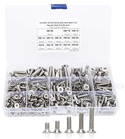 260Pcs Set di viti piatte, M4/M5/M6 Vite a testa svasata Vite a esagono incassato, Viti a testa cilindrica con esagono incassato in acciaio inossidabile, per elementi di fissaggio per l'industria elet