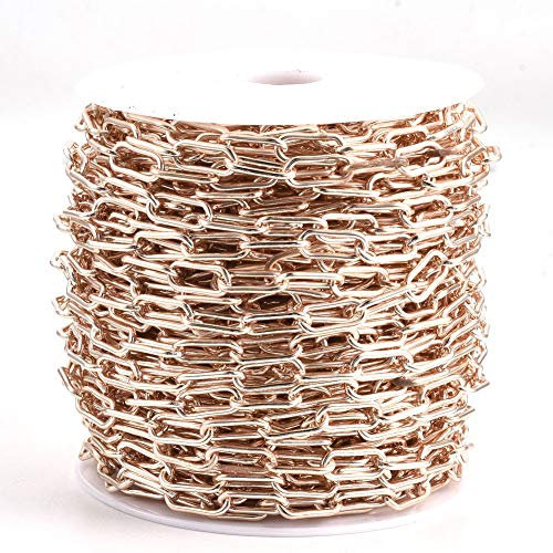 Cheriswelry 25 m Büroklammer-Ketten, Eisen flach gezogene längliche Kabel-Ketten, ungeschweißte Halskette, Armband, Kettenglieder für Frauen Schmuckherstellung, Roségold