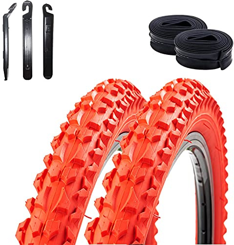 2 x Roverstone 26 Fahrradreifen Fahrradmantel rot 57-559 (26x2,125) + 2 Schläuche DV inkl. 3 Reifenheber