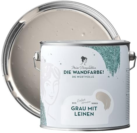 MissPompadour edelmatte Wandfarbe Grau mit Leinen 2,5L - sehr hohe Deckkraft - geruchsneutrale, spritzfreie Farbe - atmungsaktive, wasserbasierte Innenfarbe/Deckenfarbe - Die Wertvolle