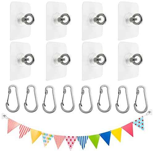 UFURMATE Selbstklebende Deckenhaken, 8 Sets nagelfreie selbstklebende Wandhaken aus Edelstahl ohne Loch Ösenhaken Deckenaufhängung und Wandhaken mit Karabinern zum Aufhängen
