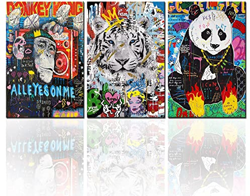 Tucocoo Heimdekoration für Wohnzimmer, Banksy, Graffiti, Tiere, Bilder, abstraktes Affen-Tiger, Panda-Gemälde, 3-teiliges Leinwandbild Straße Pop-Art modernes Kunstwerk gerahmt fertig zum Aufhängen