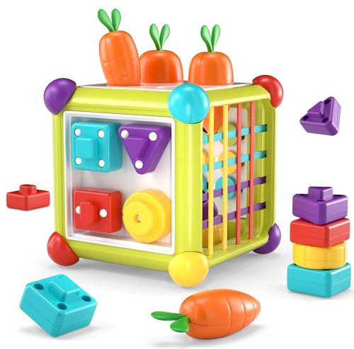 Lehoo Castle Montessori Baby Spielzeug ab 1 Jahre, 6 in 1 Steckspiel Motorikspielzeug, Karottenernte Sortierspiel Lernspielzeug Geschenk Spielzeug Motorikwürfel für 6 8 9 12 18 Monate Mädchen Junge