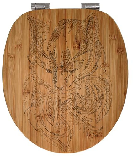 banjado® Hochwertig gravierter Design WC Sitz Bambus Absenkautomatik Katze/Toilettendeckel mit Absenkautomatik Holz/Bambus Klodeckel/WC-Sitz für alle gängigen Toiletten