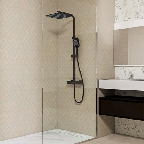 OCEAN ITALY Colonna Doccia con Miscelatore Termostatico, Soffione Doccia Quadrato 30x30cm con Rubinetto Larghezze 28cm Diametro 40mm, Doccetta Quadrato 250x97mm, nero
