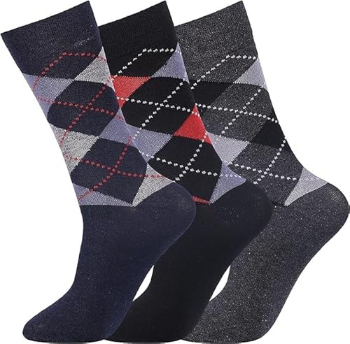 reshmena® 3 paia di calzini da uomo per diabetici, larghi, elastici, in cotone, non vincolanti, con piedi gonfi, Argyle Multicolore (3 paia), 6-11