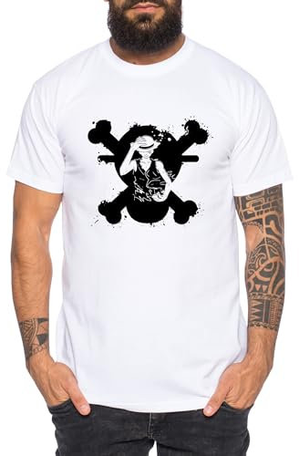 Ruffy In Logo - Herren T-Shirt Straw Hat Luffy Zoro One Monkey D. Pirat Ace Piece Goku Anime Ruffy, Größe:XXL, Farbe:Weiß