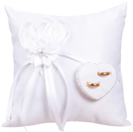 Amosfun Wedding Ring Pillow, 20x20cm Lace Floral Wedding Ring Bearer, Lace Floral Holder Cushion for Ceremony, Proposal (Only Pillow)