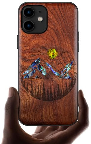 Carveit Étui pour iPhone 11 Coque [Gravure en Bois et Incrustation de Coquille] Cover Compatible avec Apple 11 Luxe et Case Etui Bois (Rosé-Alpenseen)