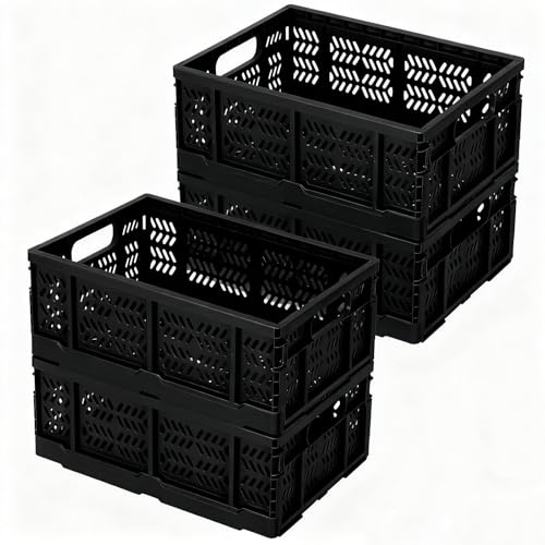 PAG-Mass Heavy Duty Plastic Milk Crates for Storage, 4-Pack Stackable Storage Bins for Organizing, Collapsible Storage Basket with Handle for Groceries, Suitable for Home Office School Store, Black