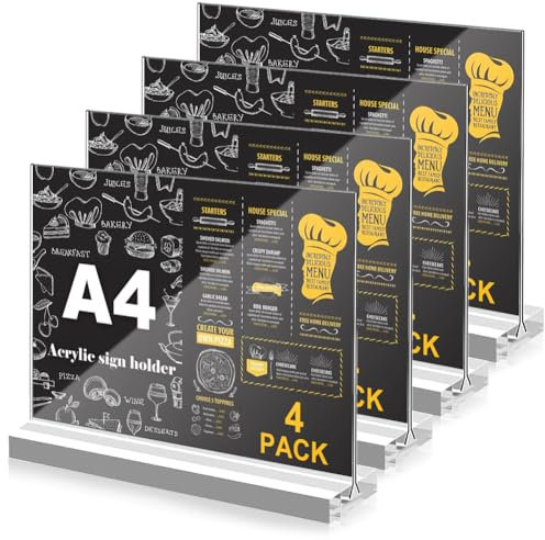 EUBSWA A4 Acryl Tischaufsteller 4 Stück, A4 Acrylplakat Menü Aufsteller, Transparent Display Rack Kartenhalter für Fotos, Büro, Restaurant, Cafe, Shop (A4)