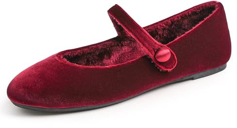 Feversole Women's Comfort Ballet Flats Strap Comfort Casual Mary Jane Shoes Burgundy Velvet Fur Lined Patent UK Size 6.5