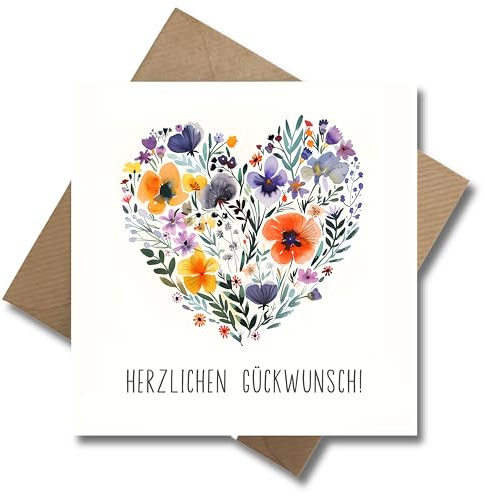 WBdesignz Liebevolle Glückwunschkarte mit Umschlag - “Herzlichen Glückwunsch” mit Blumen Herz - Geschenkkarte zum Geburtstag - Happy Birthday Karte - Geburtstagskarte (125 x 125 mm)