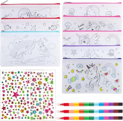 8 Stück Einhorn Federmäppchen Zum Bemalen für Kinder mit Wachsmalstifte | Glitzersteine Selbstklebend Mitgebsel Gastgeschenke DIY Mäppchen Zip Stoffbeutel Motiv Ausmalen Mädchen Bastelset