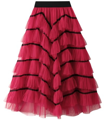 Falda de tul para mujer, falda acampanada, cintura alta, encaje, vestido de baile, elástico, elástico, media falda, tutú, falda de ballet, falda de tul, fiesta, disfraces, fiesta de baile, rojo, Talla