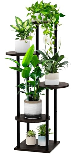 YOCOMEY 5 Tier Hölzern Blumenregal Metall Pflanzenregal, Mehrstöckig Blumenständer Pflanzenständer Blumenbank Blumentreppe Pflanzentreppe Standregal für Innen Außen Balkon Deko (5 Tier, Schwarz Eiche)