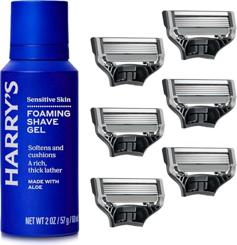 Harry’s Rasierklingen für Männer und Schäumendes Rasiergel – 6 Ersatzklingen mit Präzisionstrimmer, 5 Anti-Reibungsklingen, 60ml Rasiergel mit Aloe Vera angereichterter Formel