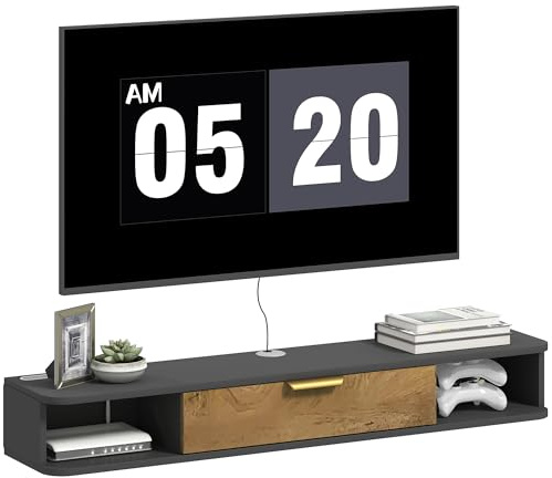 HOMCOM 120 cm Floating TV Stand Cabinet, Wall Mounted TV Cabinet with Open Compartments and Flip Door, Modern Entertainment Media Console for Living Room, Charcoal Grey