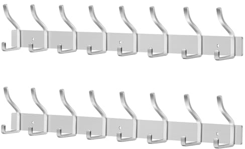 ZUIMENG Garderobenhaken Edelstahl, Kleiderhaken Wand Jackenhalter, Schwerlast Garderobenleiste Wandgarderobe Hakenleiste Garderobe Wandhaken (Gebürstete Silber, 8 Haken 2 Stück)