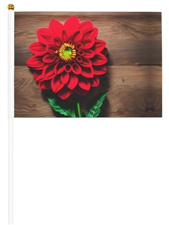 Kleine Mini-Handflagge aus Holz, Retro-Blume, rote Dahlie, für Sportspiele und Festivals, Dekoration, Parade, Flagge, 14 x 20,8 cm