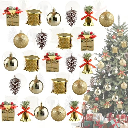 Mocrop 24 Pieza Bolas Arbol De Navidad Doradas, Adornos Arbol Navidad, Decoracion Navidad Bolas De Purpurina, Ball de Espejos, Piñas, Tambores Dorados, Cajas De Regalo con Lazos, Campanas