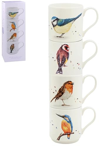 The Leonardo Collection Clemency Bunn Lot de 4 tasses à café empilables pour boissons chaudes et froides de Noël Motif oiseaux britanniques | Tasses à café durables pour la maison et le bureau |