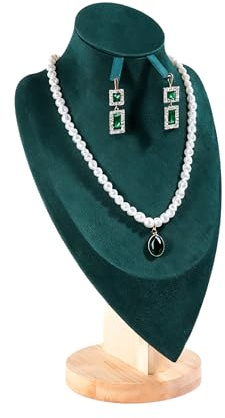 TINGSING Velvet Necklace Display Bust Stand, Jewelry Mannequin Stands with Earrings Holes, Necklace Mannequin Holder, Earrings Pendant Chain Organizer for Vendors Selling Store Trade Show, Green,L