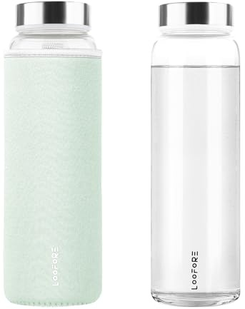 LOOFORE Glass Water Bottle 1L 1000ml, BPA-Free Leak Proof, 1 Litre Large Borosilicate Wide Mouth Glass Drinking Bottles with Protective Sleeves for Sports and Gym with Hot Cold Drinks, 1 Pack