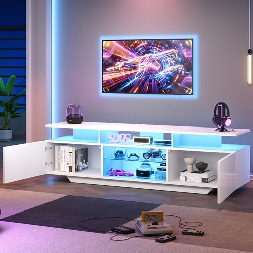 Armario de TV de 160 x 40 x 45 cm, soporte para TV con 2 armarios, armario de salón de alto brillo con barra de luz LED, moderno centro de entretenimiento de televisión con 8 estantes, MDF, televisor