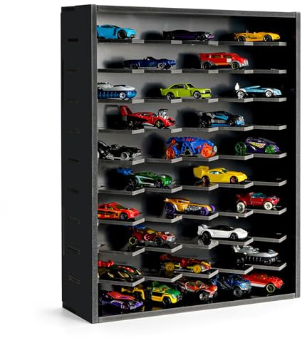 Krafetto Toy Car Display Shelf, Holds 50 Diecast 1/64 Toy Cars, Wall Mount Model Car Storage Organize Case, Desktop Toy Cars Garage (Black)