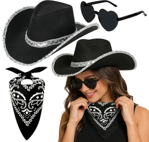 JynxtoyZeal Occidentale Cappello da Cowboy, Accessori per Costumi da Cowboy Cappelli per Adulti, Set Cappello Cowgirl Bandana Occhiali, Cappello da Cowboy con Paillet per Natale Feste Carnevale