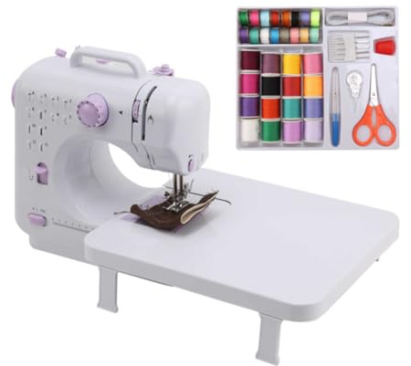 Nicoone Máquina de coser para principiantes, mini máquina de coser con mesa deslizante, máquina de coser de 12 puntadas con luz LED, corriente y funcionamiento con pilas, para ropa, fundas de almohada